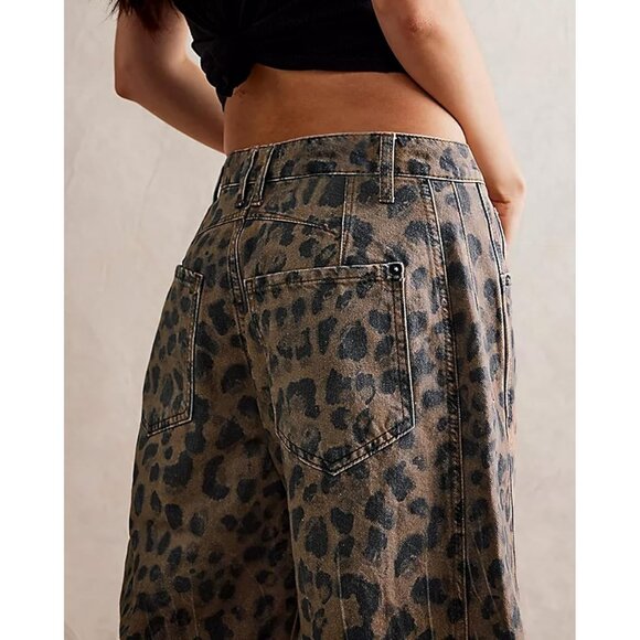 Leopard Print Wide Leg Denim Jeans for Women Casual Y2K Baggy Ankle Pants - Picture 6 of 6